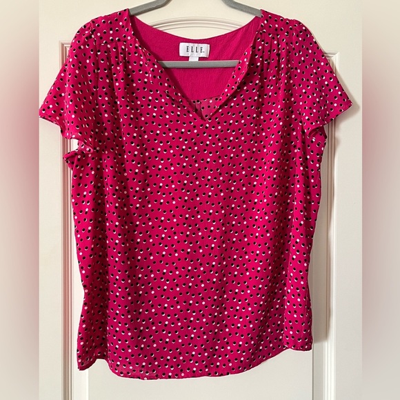 Elle Dark Pink Polyester Blouse, Polka Dots, Cap Sleeves Women’s Size Large - Picture 1 of 13